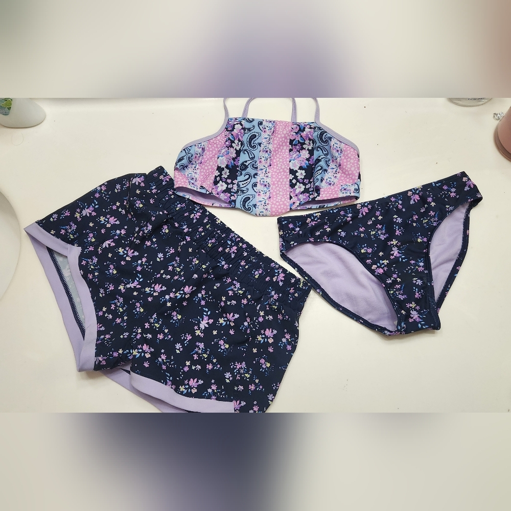 New Wonder Nation Kids Ditsy Floral Swim Wear 3 Pc Set - Navy, Pink, Light Blue